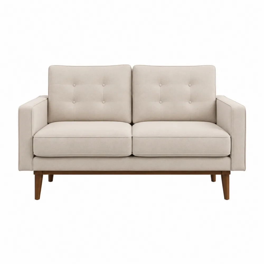 Dwuosobowa sofa beżowa z drewnianymi nogami