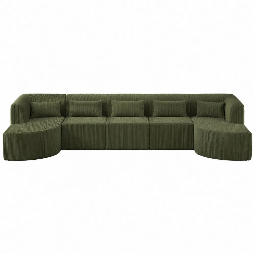 Zielona sofa modułowa z sztruksu z poduszkami 6-osobowa 350 cm