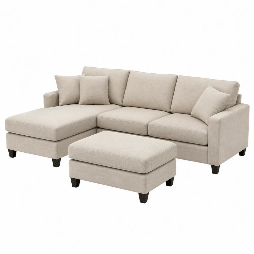 Sofa narożna z pufą, tkanina poliestrowa, beżowa