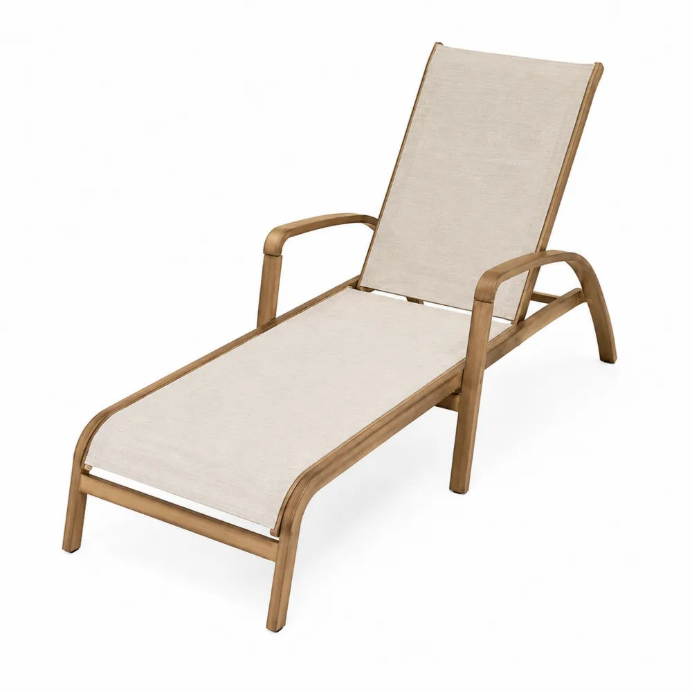 Leżak ogrodowy drewniany z poliestrowym siedziskiem beżowy 200cm