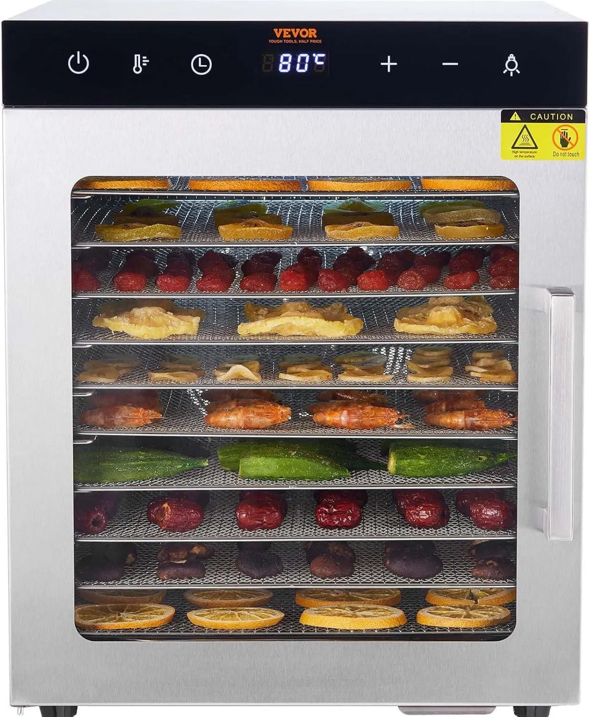 VEVOR suszarka do żywności, Suszarka do naczyń, dehydrater spożywczy, 800 W, 30 do 90°C, licznik, stal nierdzewna, 10 Płyty