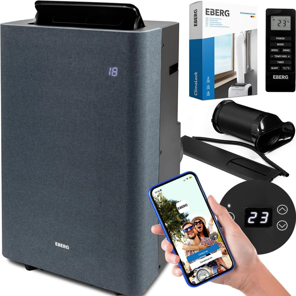 Klimatyzator, 3,5 kW, 3,5kW, 12000 BTU, sterowanie WiFi, EBERG TEXO Klimatyzator przenośny 3,5 kW, sterwanie WiFi, kolor czarno-szary