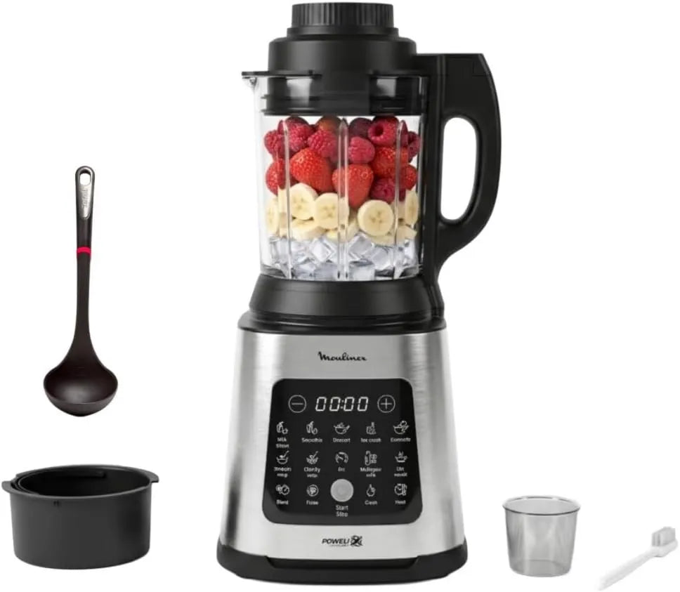 Moulinex, Blender, 2 l, 1400 W, 10 programów, para, stal nierdzewna, Koszyk parowy i chochla w zestawie, Wyposażone w zupę i koktajl, Miska szklana 2 l