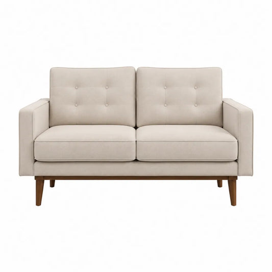 Dwuosobowa sofa beżowa z drewnianymi nogami
