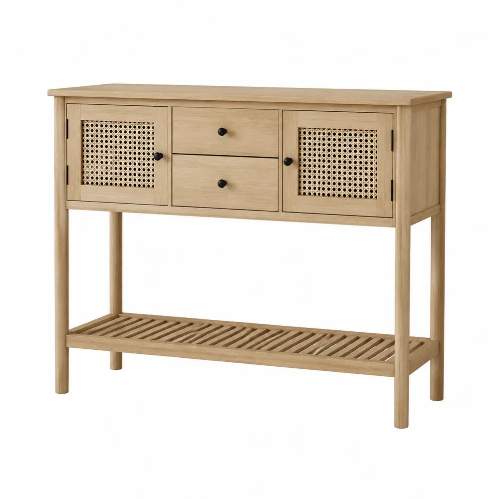 Konsola z drewna dębowego i plecionej trzciny 120 cm