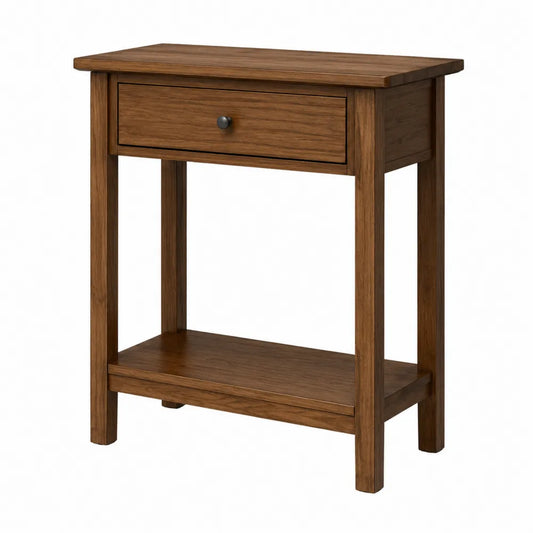 Stolik konsolowy z drewna z półką i szufladą brązowy 60cm x 30cm x 75cm