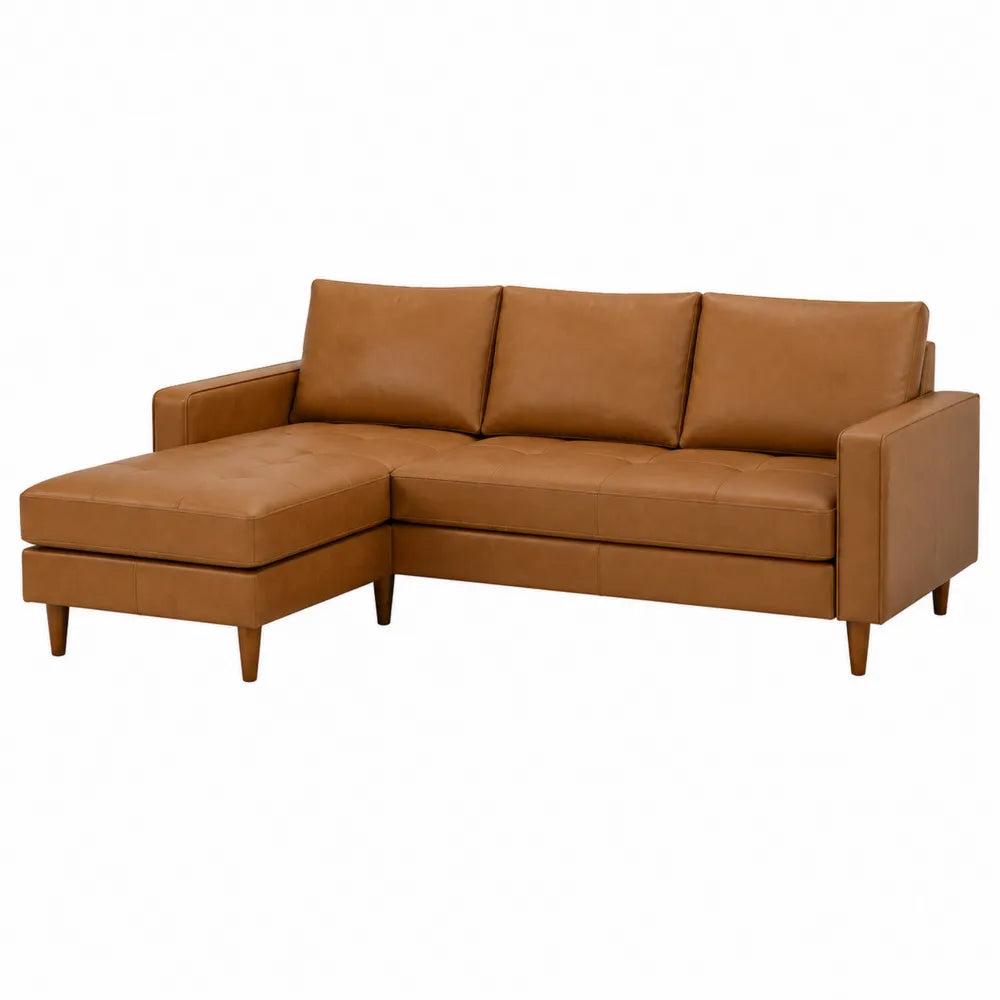 Sofa narożna z ekoskóry i drewnianymi nogami, brązowa