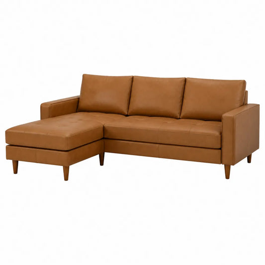 Sofa narożna z ekoskóry i drewnianymi nogami, brązowa