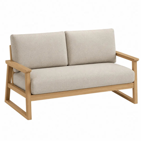 Dwuosobowa sofa z drewna dębowego i poliestrowej tkaniny, 140 cm, beżowy