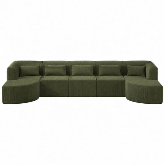 Zielona sofa modułowa z sztruksu z poduszkami 6-osobowa 350 cm
