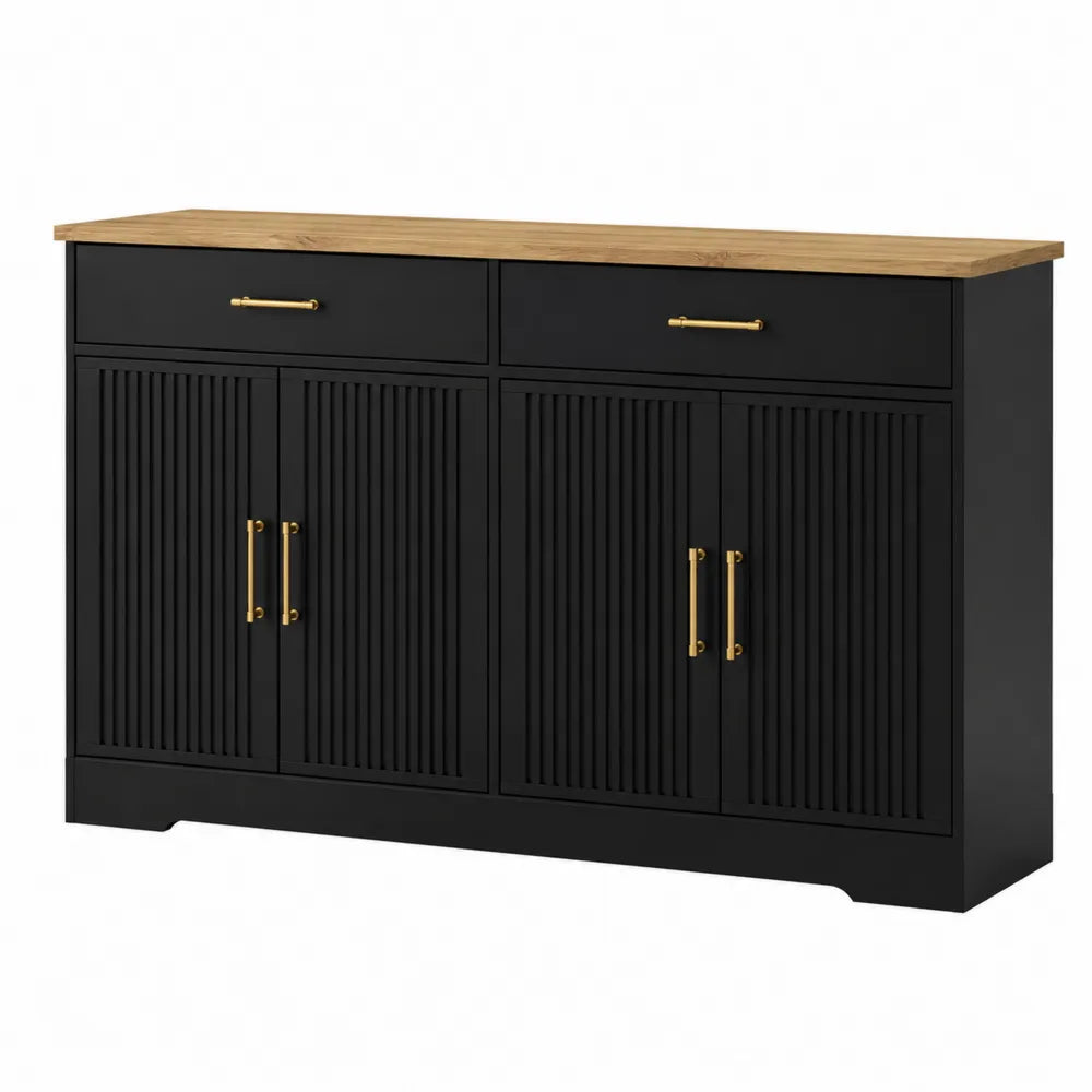 Komoda z MDF i litego drewna, czarna z złotymi uchwytami 140x40x90 cm