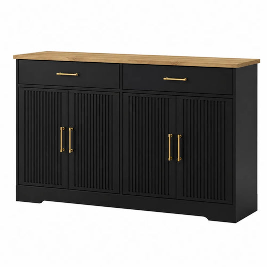 Komoda z MDF i litego drewna, czarna z złotymi uchwytami 140x40x90 cm