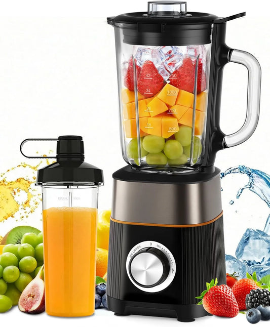 Hsweeth blender kielichowy, Mikser, 1, 5 l, 1000 W, przenośny, stal nierdzewna, Butelka przenośna bez BPA- 600 ml, Ostrza ze stali nierdzewnej 304 do lodu, Bol szklany 1