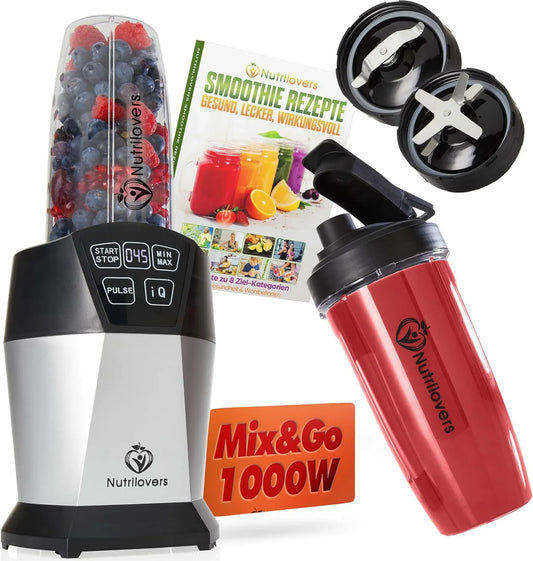 Blender, 1000 W, 1000W, 400 ml, praca automatyczna, w zestawie książka kucharska, 2 x kubek i pokrywka na wynos