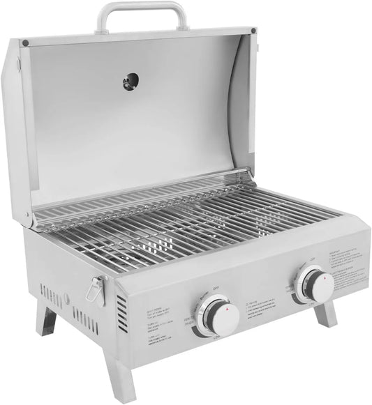 Grill gazowy, 15 kg, 14,25 kg, 33 cm, funkcja grilla, Grill gazowy stołowy z 2 palnikami ze stali nierdzewnej, składany grill z pokrywą i termometrem