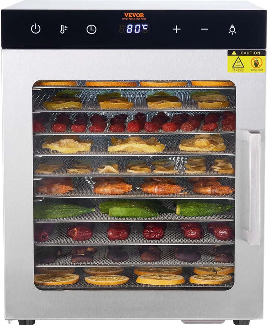 VEVOR suszarka do żywności, Suszarka do naczyń, dehydrater spożywczy, 800 W, 30 do 90°C, licznik, stal nierdzewna, 10 Płyty