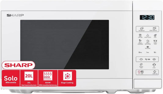 Sharp YC-MS02E-C kuchenka mikrofalowa, 800 W, 11 poziomów, 8 programów, kryształowa biel, sterowanie cyfrowe, 11 poziomów mocy, funkcja rozmrażania