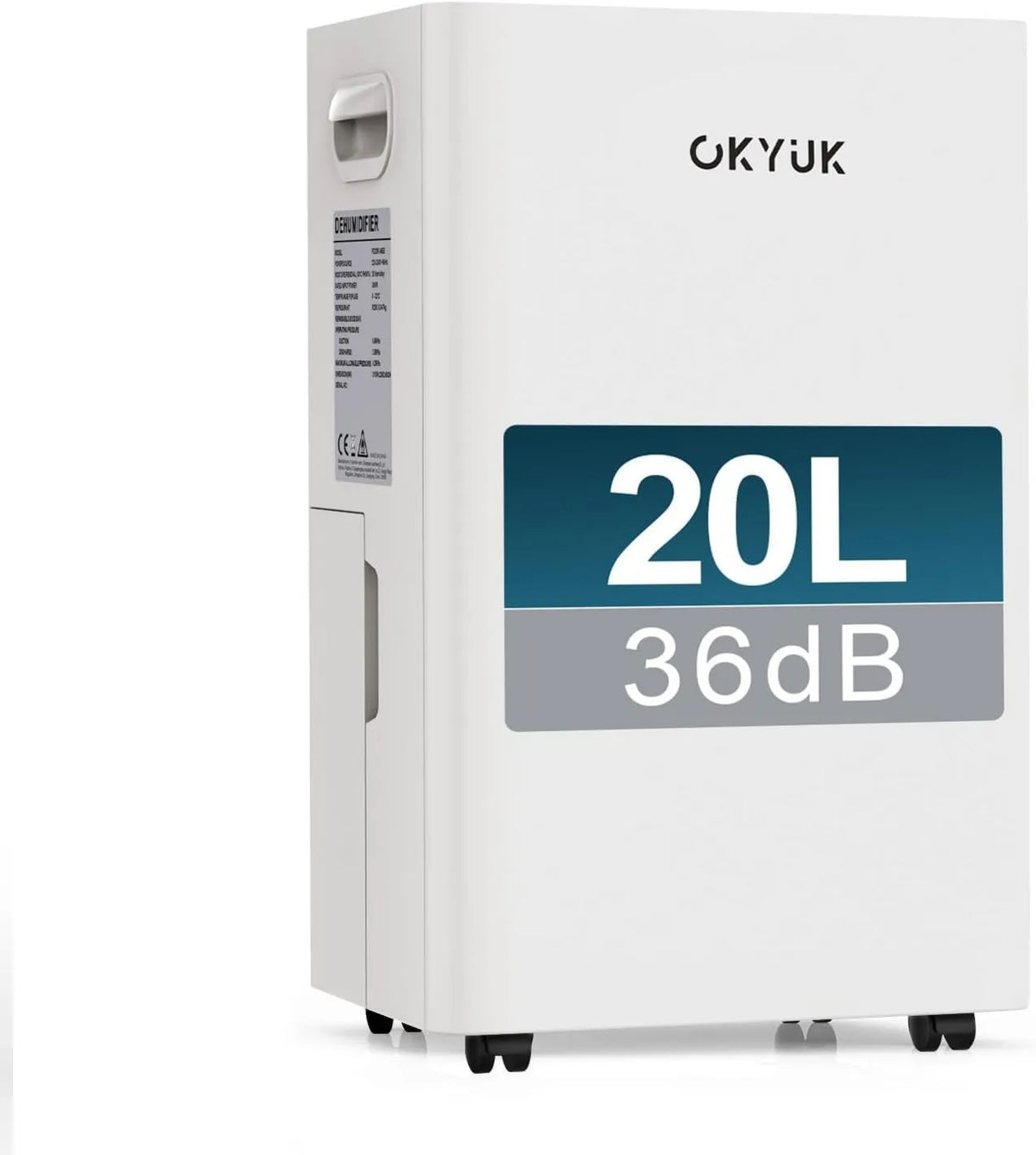 OKYUK osuszacz powietrza, Osuszacz, 20 l, 20 l / dzień, osuszacz biały, do domu 60 m² z automatycznym zatrzymaniem, 10 lat, apartamenty, Wymiana 1 rok 20 l/jour