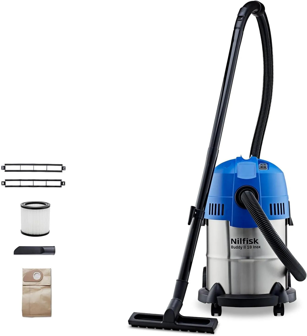Nilfisk odkurzacz, 1200 W, Odkurzacz do pracy na mokro i sucho Buddy II 18L Inox, odkurzacz do domu, ogrodu i samochodu