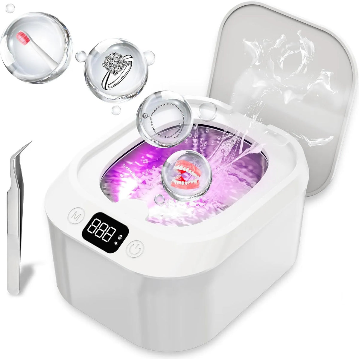 YINPAD, Ultrasoniczny zbiornik do czyszczenia, Czyściciel, uchwyt, szczotka, przenośny, 220 ml, tłumik, biały, do biżuterii